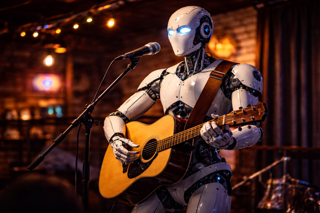 A robot playing the guitar and signing on stage.