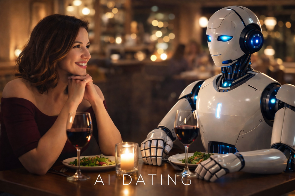 AI romance scam illustration showing a woman dining with a robot, representing fake AI generated dating profiles used to steal money