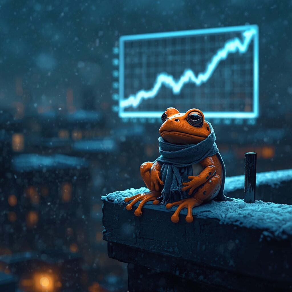 Orange frog wearing a scarf, snowy city.