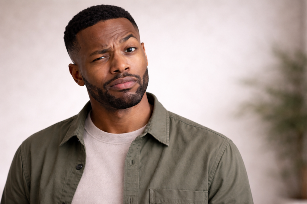 Square portrait of a clean-cut African American man in his mid-30s with a skeptical expression, photographed against a soft neutral background.