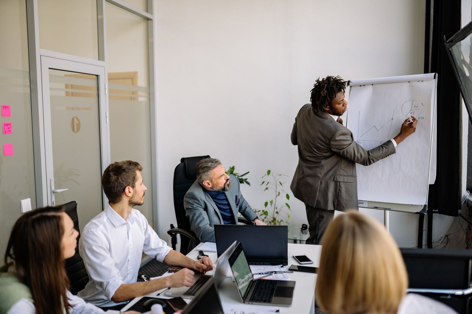 A team in a modern office engaged in a strategic business meeting
