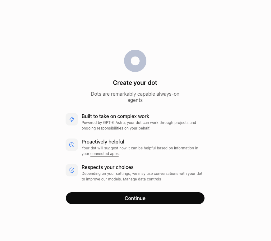 The Create your dot screen in ChatGPT, the first step to set up ChatGPT dots