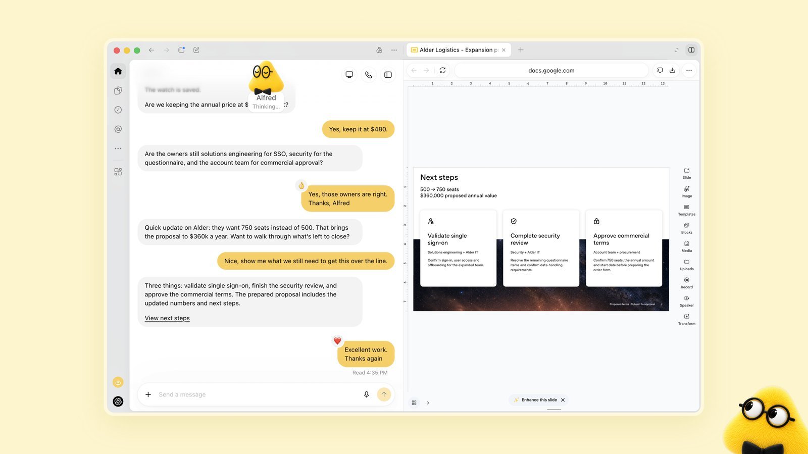 A yellow ChatGPT dot named Alfred working through an enterprise proposal in ChatGPT