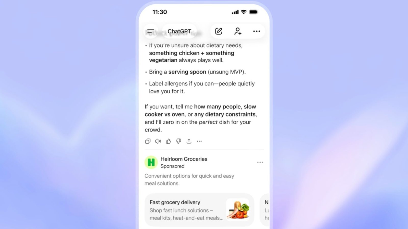OpenAI mockup showing a Sponsored grocery ad below a ChatGPT answer