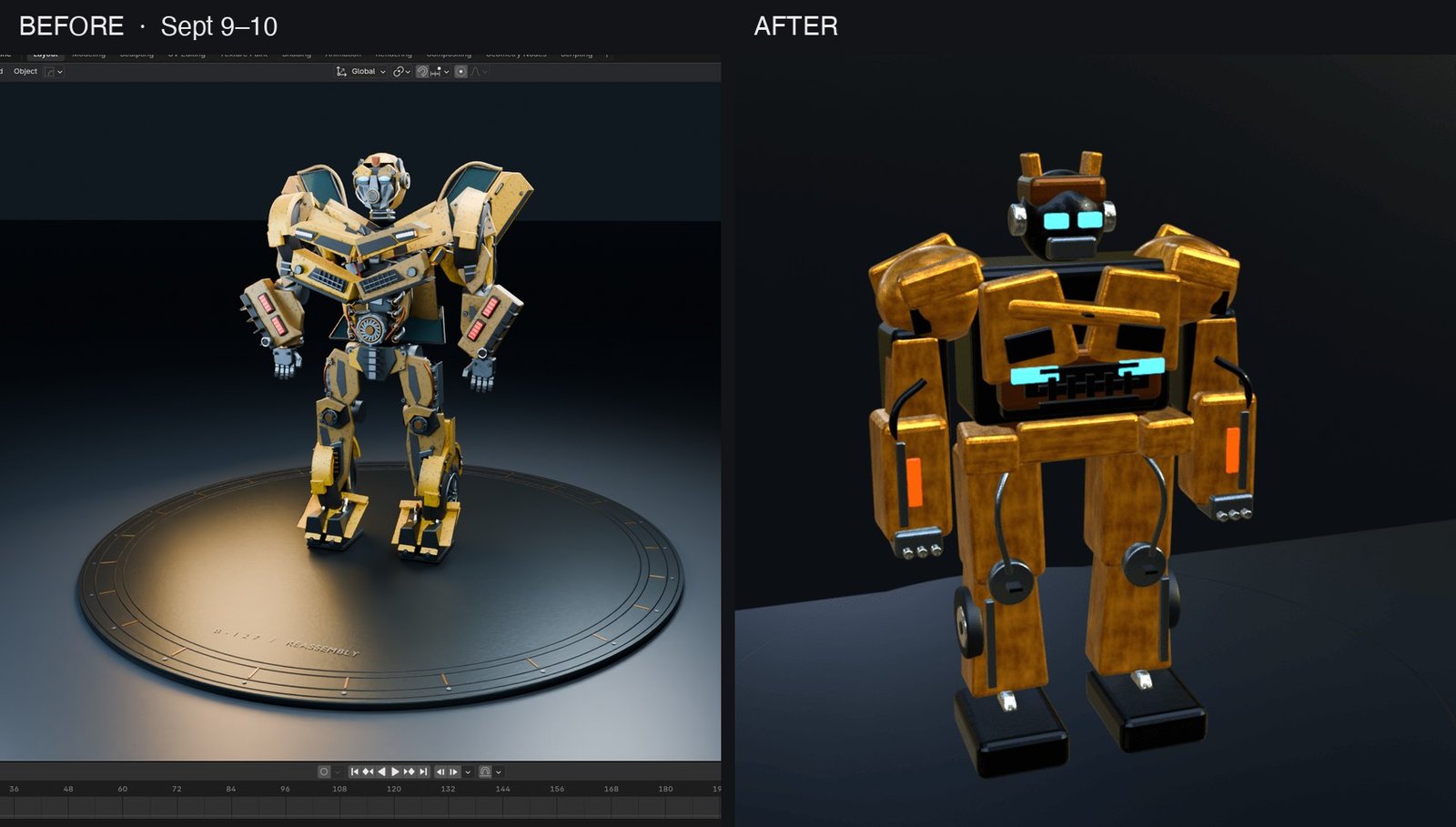 GPT-6 Astra nerfed before and after: a detailed yellow robot render from September 9 to 10 next to a blocky robot render from after, posted on r/codex