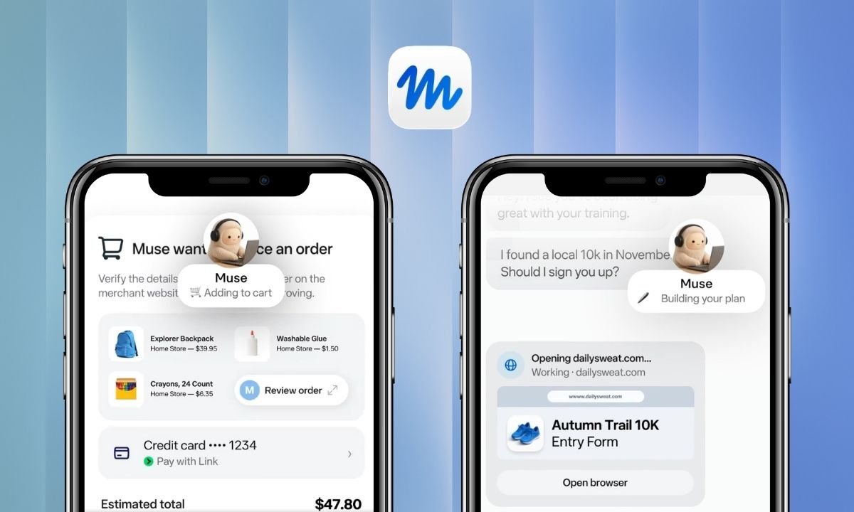 Meta Muse phone interfaces showing a shopping cart and running-event plan