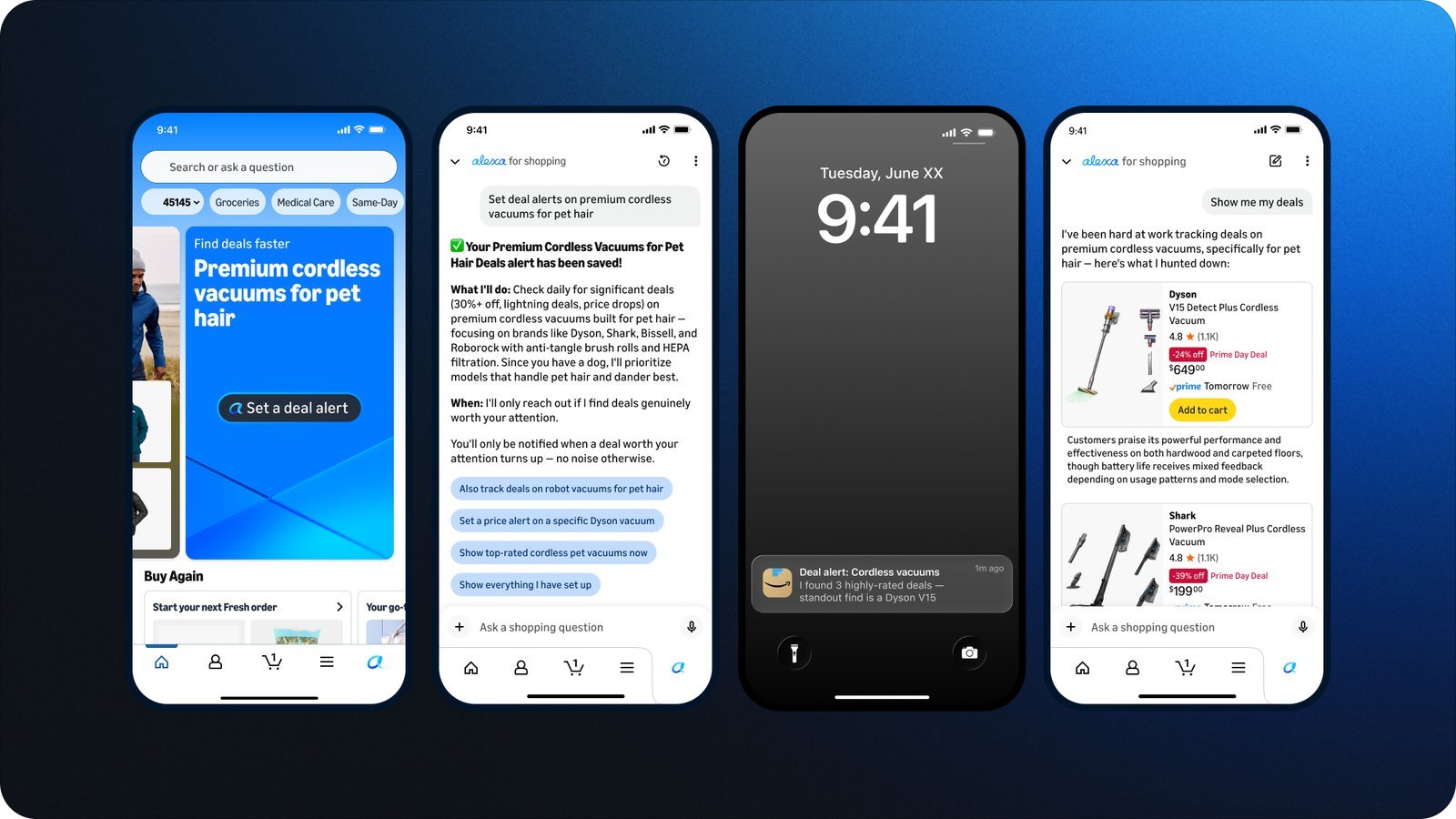 Phone screens setting an Alexa for Shopping deal alert and the notification when a matching deal appears